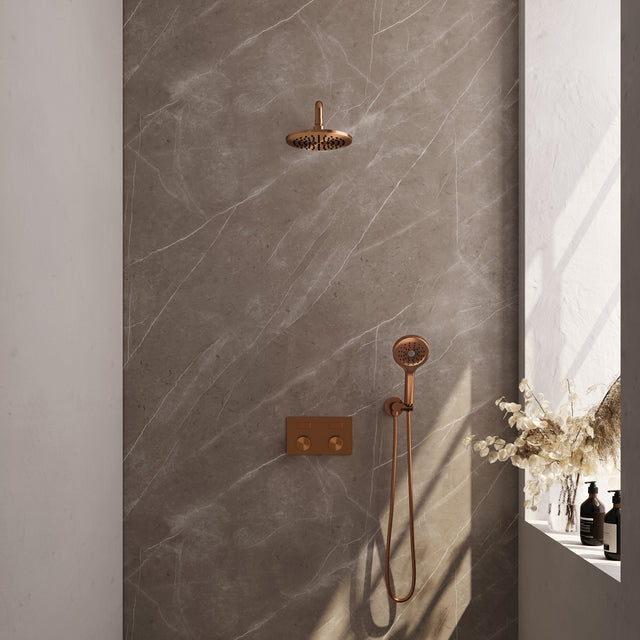 BRAUER Copper Carving thermostatische inbouw regendouche met drukknoppen SET 57 met 20 cm douchekop en gebogen muurarm en 3-standen handdouche en doucheslang en wandaansluitbocht koper geborsteld PVD 5-GK-192