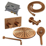 BRAUER Copper Carving thermostatische inbouw regendouche met drukknoppen SET 58 met 30 cm douchekop en gebogen muurarm en 3-standen handdouche en doucheslang en wandaansluitbocht koper geborsteld PVD 5-GK-193
