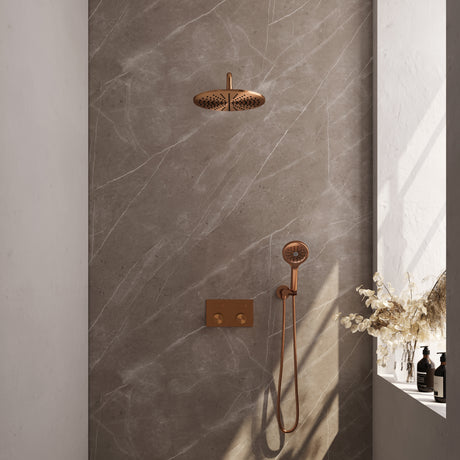 BRAUER Copper Carving thermostatische inbouw regendouche met drukknoppen SET 58 met 30 cm douchekop en gebogen muurarm en 3-standen handdouche en doucheslang en wandaansluitbocht koper geborsteld PVD 5-GK-193