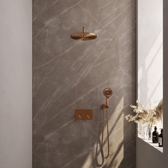 BRAUER Copper Carving thermostatische inbouw regendouche met drukknoppen SET 58 met 30 cm douchekop en gebogen muurarm en 3-standen handdouche en doucheslang en wandaansluitbocht koper geborsteld PVD 5-GK-193