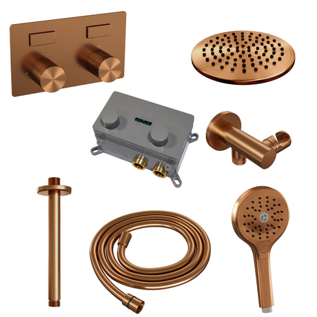 BRAUER Copper Carving thermostatische inbouw regendouche met drukknoppen SET 59 met 20 cm douchekop en plafondarm en 3-standen handdouche en doucheslang en wandaansluitbocht koper geborsteld PVD 5-GK-194