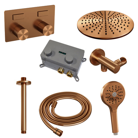 BRAUER Copper Carving thermostatische inbouw regendouche met drukknoppen SET 60 met 30 cm douchekop en plafondarm en 3-standen handdouche en doucheslang en wandaansluitbocht koper geborsteld PVD 5-GK-195