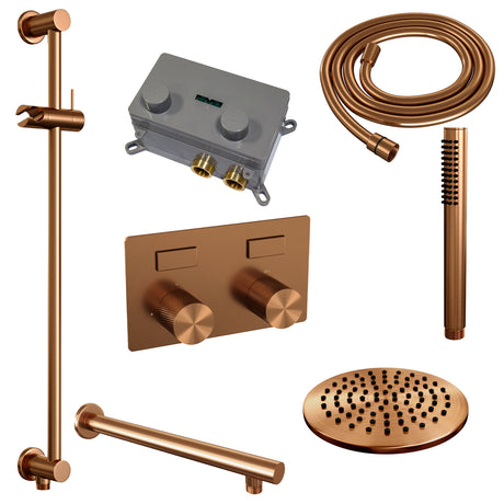 BRAUER Copper Carving thermostatische inbouw regendouche met drukknoppen SET 61 met 20 cm douchekop en rechte muurarm en staaf handdouche en doucheslang en geÃ¯ntegreerde glijstang koper geborsteld PVD 5-GK-196