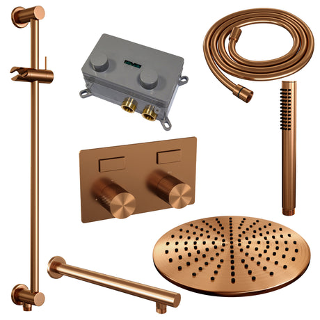 BRAUER Copper Carving thermostatische inbouw regendouche met drukknoppen SET 62 met 30 cm douchekop en rechte muurarm en staaf handdouche en doucheslang en geÃ¯ntegreerde glijstang koper geborsteld PVD 5-GK-197