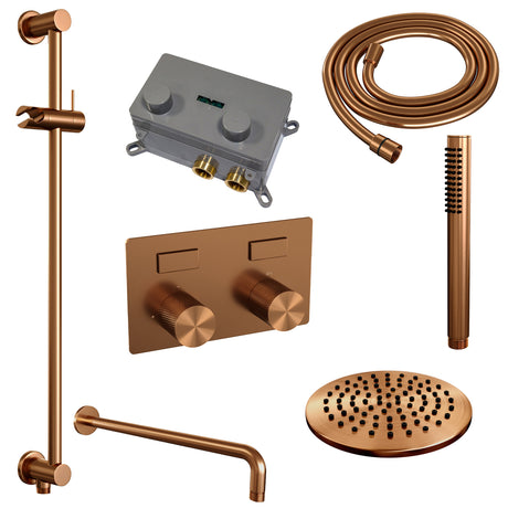 BRAUER Copper Carving thermostatische inbouw regendouche met drukknoppen SET 63 met 20 cm douchekop en gebogen muurarm en staaf handdouche en doucheslang en geÃ¯ntegreerde glijstang koper geborsteld PVD 5-GK-198