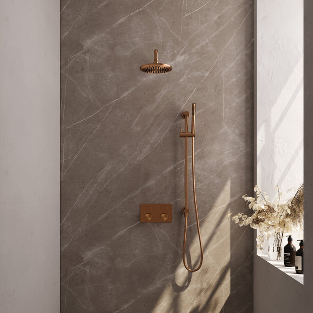BRAUER Copper Carving thermostatische inbouw regendouche met drukknoppen SET 63 met 20 cm douchekop en gebogen muurarm en staaf handdouche en doucheslang en geÃ¯ntegreerde glijstang koper geborsteld PVD 5-GK-198