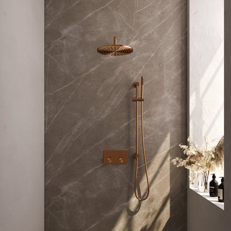 BRAUER Copper Carving thermostatische inbouw regendouche met drukknoppen SET 64 met 30 cm douchekop en gebogen muurarm en staaf handdouche en doucheslang en geÃ¯ntegreerde glijstang koper geborsteld PVD 5-GK-199
