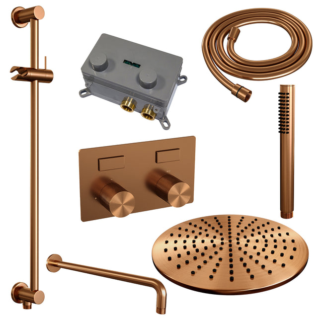 BRAUER Copper Carving thermostatische inbouw regendouche met drukknoppen SET 64 met 30 cm douchekop en gebogen muurarm en staaf handdouche en doucheslang en geÃ¯ntegreerde glijstang koper geborsteld PVD 5-GK-199