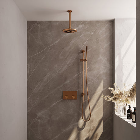 BRAUER Copper Carving thermostatische inbouw regendouche met drukknoppen SET 65 met 20 cm douchekop en plafondarm en staaf handdouche en doucheslang en geÃ¯ntegreerde glijstang koper geborsteld PVD 5-GK-200