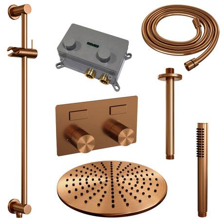 BRAUER Copper Carving thermostatische inbouw regendouche met drukknoppen SET 66 met 30 cm douchekop en plafondarm en staaf handdouche en doucheslang en geÃ¯ntegreerde glijstang koper geborsteld PVD 5-GK-201