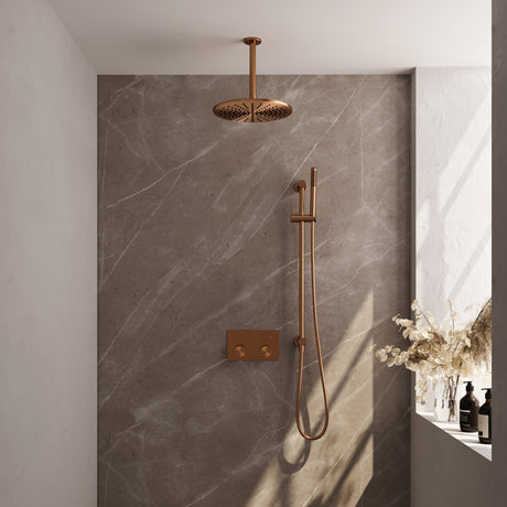 BRAUER Copper Carving thermostatische inbouw regendouche met drukknoppen SET 66 met 30 cm douchekop en plafondarm en staaf handdouche en doucheslang en geÃ¯ntegreerde glijstang koper geborsteld PVD 5-GK-201