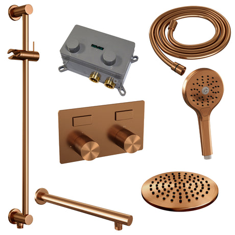 BRAUER Copper Carving thermostatische inbouw regendouche met drukknoppen SET 67 met 20 cm douchekop en rechte muurarm en 3-standen handdouche en doucheslang en geÃ¯ntegreerde glijstang koper geborsteld PVD 5-GK-202