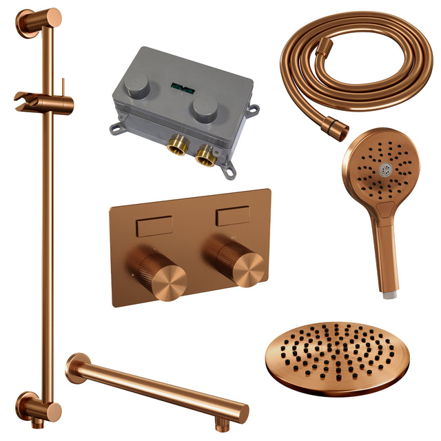 BRAUER Copper Carving thermostatische inbouw regendouche met drukknoppen SET 67 met 20 cm douchekop en rechte muurarm en 3-standen handdouche en doucheslang en geÃ¯ntegreerde glijstang koper geborsteld PVD 5-GK-202