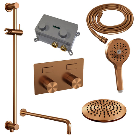 BRAUER Copper Carving thermostatische inbouw regendouche met drukknoppen SET 69 met 20 cm douchekop en gebogen muurarm en 3-standen handdouche en doucheslang en geÃ¯ntegreerde glijstang koper geborsteld PVD 5-GK-204