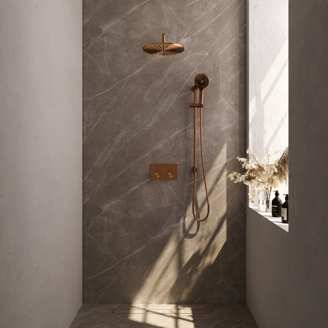 BRAUER Copper Carving thermostatische inbouw regendouche met drukknoppen SET 70 met 30 cm douchekop en gebogen muurarm en 3-standen handdouche en doucheslang en geÃ¯ntegreerde glijstang koper geborsteld PVD 5-GK-205