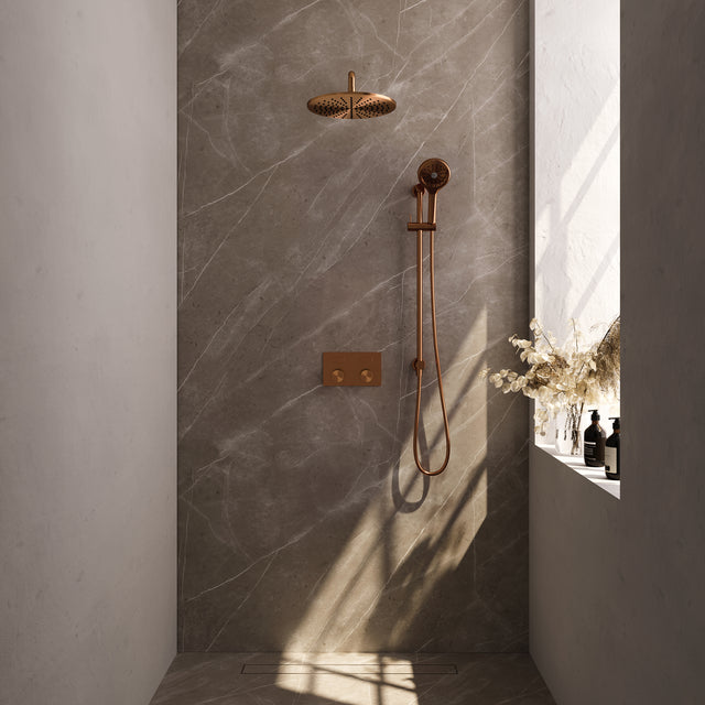 BRAUER Copper Carving thermostatische inbouw regendouche met drukknoppen SET 70 met 30 cm douchekop en gebogen muurarm en 3-standen handdouche en doucheslang en geÃ¯ntegreerde glijstang koper geborsteld PVD 5-GK-205