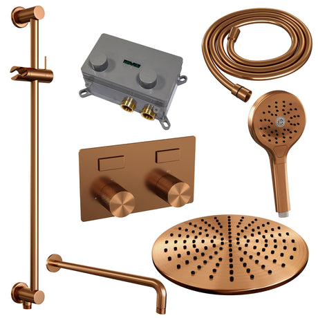 BRAUER Copper Carving thermostatische inbouw regendouche met drukknoppen SET 70 met 30 cm douchekop en gebogen muurarm en 3-standen handdouche en doucheslang en geÃ¯ntegreerde glijstang koper geborsteld PVD 5-GK-205