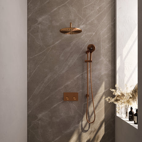 BRAUER Copper Carving thermostatische inbouw regendouche met drukknoppen SET 70 met 30 cm douchekop en gebogen muurarm en 3-standen handdouche en doucheslang en geÃ¯ntegreerde glijstang koper geborsteld PVD 5-GK-205