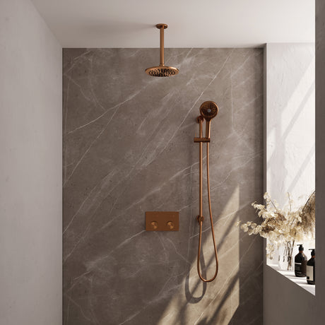 BRAUER Copper Carving thermostatische inbouw regendouche met drukknoppen SET 71 met 20 cm douchekop en plafondarm en 3-standen handdouche en doucheslang en geÃ¯ntegreerde glijstang koper geborsteld PVD 5-GK-206