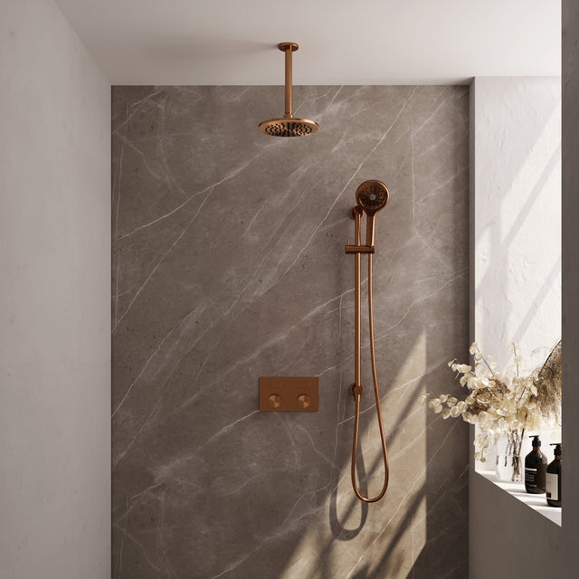 BRAUER Copper Carving thermostatische inbouw regendouche met drukknoppen SET 71 met 20 cm douchekop en plafondarm en 3-standen handdouche en doucheslang en geÃ¯ntegreerde glijstang koper geborsteld PVD 5-GK-206