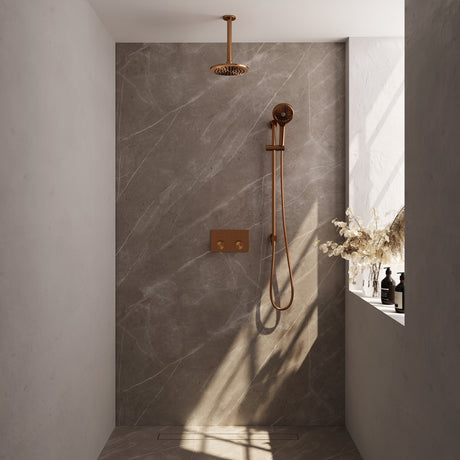 BRAUER Copper Carving thermostatische inbouw regendouche met drukknoppen SET 71 met 20 cm douchekop en plafondarm en 3-standen handdouche en doucheslang en geÃ¯ntegreerde glijstang koper geborsteld PVD 5-GK-206