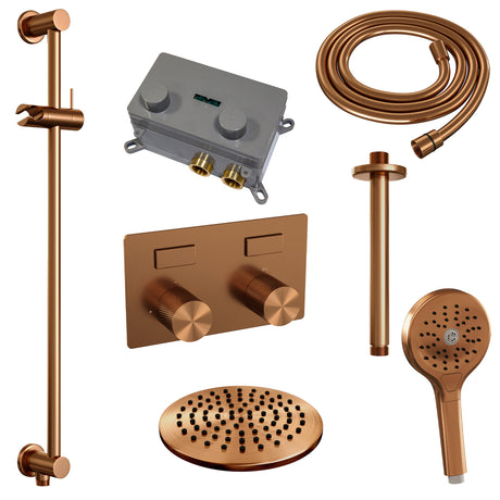 BRAUER Copper Carving thermostatische inbouw regendouche met drukknoppen SET 71 met 20 cm douchekop en plafondarm en 3-standen handdouche en doucheslang en geÃ¯ntegreerde glijstang koper geborsteld PVD 5-GK-206