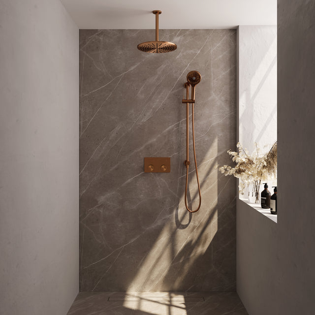 BRAUER Copper Carving thermostatische inbouw regendouche met drukknoppen SET 72 met 30 cm douchekop en plafondarm en 3-standen handdouche en doucheslang en geÃ¯ntegreerde glijstang koper geborsteld PVD 5-GK-207