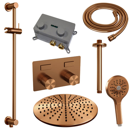 BRAUER Copper Carving thermostatische inbouw regendouche met drukknoppen SET 72 met 30 cm douchekop en plafondarm en 3-standen handdouche en doucheslang en geÃ¯ntegreerde glijstang koper geborsteld PVD 5-GK-207