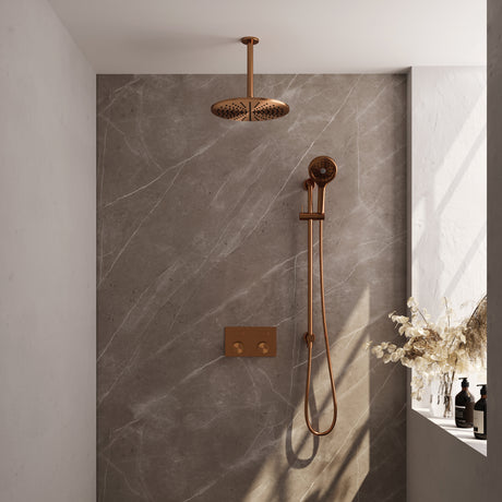 BRAUER Copper Carving thermostatische inbouw regendouche met drukknoppen SET 72 met 30 cm douchekop en plafondarm en 3-standen handdouche en doucheslang en geÃ¯ntegreerde glijstang koper geborsteld PVD 5-GK-207