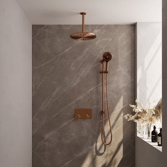 BRAUER Copper Carving thermostatische inbouw regendouche met drukknoppen SET 72 met 30 cm douchekop en plafondarm en 3-standen handdouche en doucheslang en geÃ¯ntegreerde glijstang koper geborsteld PVD 5-GK-207