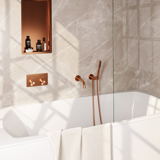 BRAUER Copper Edition thermostatische inbouw badkraan met drukknoppen SET 03 met uitloop en staaf handdouche en doucheslang en wandaansluitbocht koper geborsteld PVD