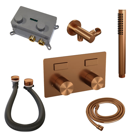 BRAUER Copper Carving thermostatische inbouw badkraan met drukknoppen SET 03 met badvulcombinatie en staaf handdouche en doucheslang en wandaansluitbocht koper geborsteld PVD 5-GK-212