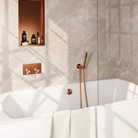 BRAUER Copper Carving thermostatische inbouw badkraan met drukknoppen SET 03 met badvulcombinatie en staaf handdouche en doucheslang en wandaansluitbocht koper geborsteld PVD 5-GK-212