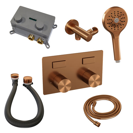 BRAUER Copper Carving thermostatische inbouw badkraan met drukknoppen SET 04 met badvulcombinatie en 3-standen handdouche en doucheslang en wandaansluitbocht koper geborsteld PVD 5-GK-213