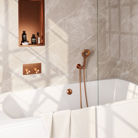 BRAUER Copper Carving thermostatische inbouw badkraan met drukknoppen SET 04 met badvulcombinatie en 3-standen handdouche en doucheslang en wandaansluitbocht koper geborsteld PVD 5-GK-213