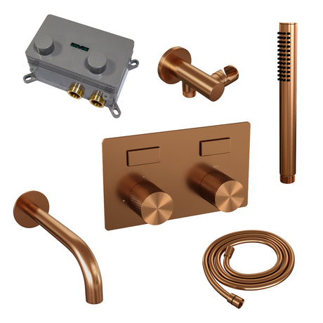 BRAUER Copper Carving thermostatische inbouw badkraan met drukknoppen SET 03 met uitloop en staaf handdouche en doucheslang en wandaansluitbocht koper geborsteld PVD 5-GK-214