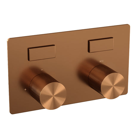 BRAUER Copper Carving thermostatische inbouw badkraan met drukknoppen SET 03 met uitloop en staaf handdouche en doucheslang en wandaansluitbocht koper geborsteld PVD 5-GK-214