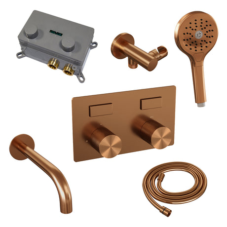 BRAUER Copper Carving thermostatische inbouw badkraan met drukknoppen SET 04 met uitloop en 3-standen handdouche en doucheslang en wandaansluitbocht koper geborsteld PVD 5-GK-215