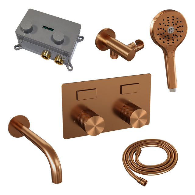 BRAUER Copper Carving thermostatische inbouw badkraan met drukknoppen SET 04 met uitloop en 3-standen handdouche en doucheslang en wandaansluitbocht koper geborsteld PVD 5-GK-215
