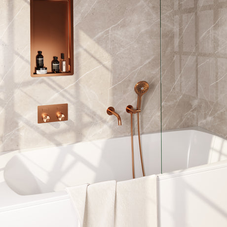 BRAUER Copper Carving thermostatische inbouw badkraan met drukknoppen SET 04 met uitloop en 3-standen handdouche en doucheslang en wandaansluitbocht koper geborsteld PVD 5-GK-215