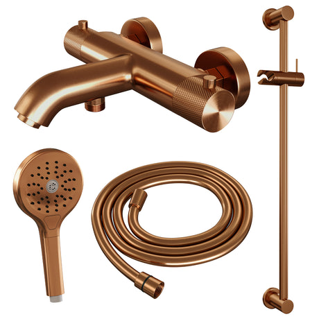 BRAUER Copper Carving opbouw baddouche thermostaatkraan SET 02 met glijstang en 3-standen handdouche en doucheslang koper geborsteld PVD 5-GK-245