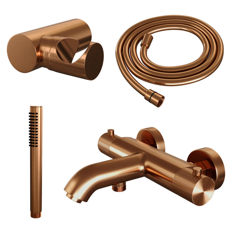 BRAUER Copper Carving opbouw baddouche thermostaatkraan SET 03 met wandhouder en staaf handdouche en doucheslang koper geborsteld PVD 5-GK-246
