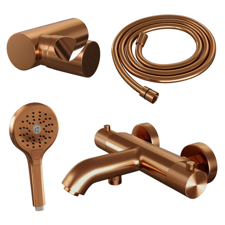 BRAUER Copper Carving opbouw baddouche thermostaatkraan SET 04 met wandhouder en 3-standen handdouche en doucheslang koper geborsteld PVD 5-GK-247