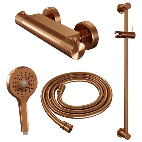 BRAUER Copper Carving opbouw douche thermostaatkraan SET 02 met glijstang en 3-standen handdouche en doucheslang koper geborsteld PVD 5-GK-250
