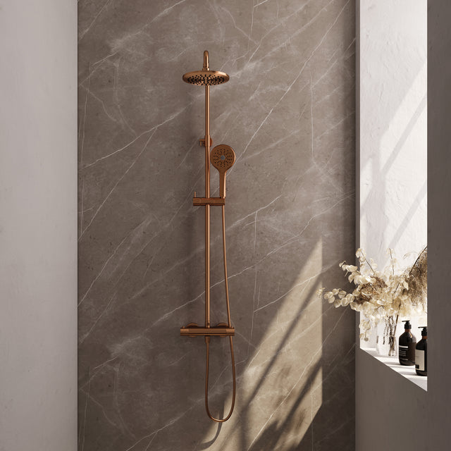 BRAUER Copper Carving opbouw thermostatische regendouche SET 02 met 20 cm hoofddouche en 3-standen handdouche en doucheslang koper geborsteld PVD 5-GK-254