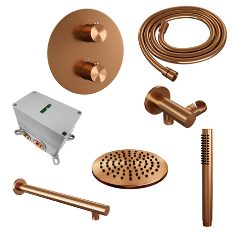 BRAUER Copper Edition thermostatische inbouw regendouche 3-weg rond SET 73 met 20 cm douchekop en rechte muurarm en staaf handdouche en doucheslang en wandaansluitbocht koper geborsteld PVD 5-GK-267
