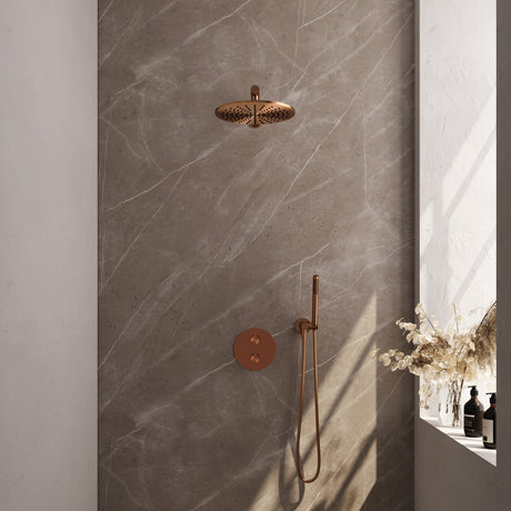 BRAUER Copper Edition thermostatische inbouw regendouche 3-weg rond SET 74 met 30 cm douchekop en rechte muurarm en staaf handdouche en doucheslang en wandaansluitbocht koper geborsteld PVD 5-GK-268