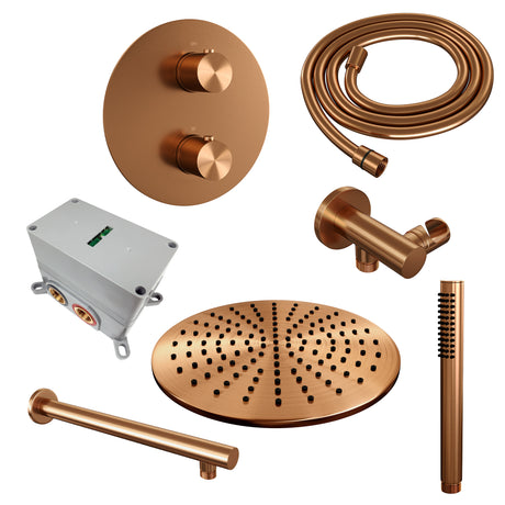 BRAUER Copper Edition thermostatische inbouw regendouche 3-weg rond SET 74 met 30 cm douchekop en rechte muurarm en staaf handdouche en doucheslang en wandaansluitbocht koper geborsteld PVD 5-GK-268