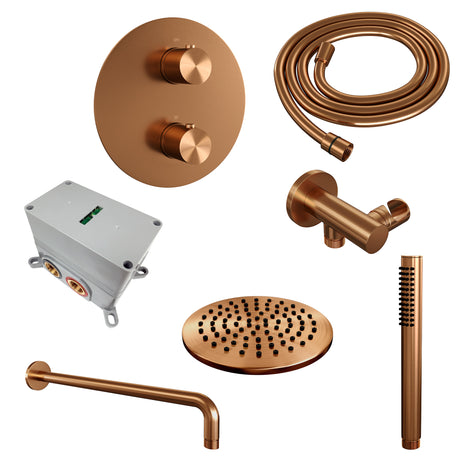 BRAUER Copper Edition thermostatische inbouw regendouche 3-weg rond SET 75 met 20 cm douchekop en gebogen muurarm en staaf handdouche en doucheslang en wandaansluitbocht koper geborsteld PVD 5-GK-269