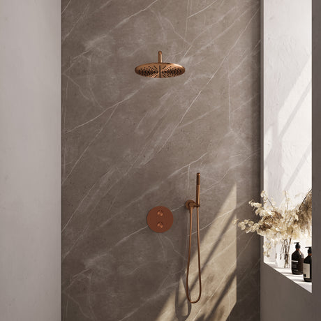 BRAUER Copper Edition thermostatische inbouw regendouche 3-weg rond SET 76 met 30 cm douchekop en gebogen muurarm en staaf handdouche en doucheslang en wandaansluitbocht koper geborsteld PVD 5-GK-270